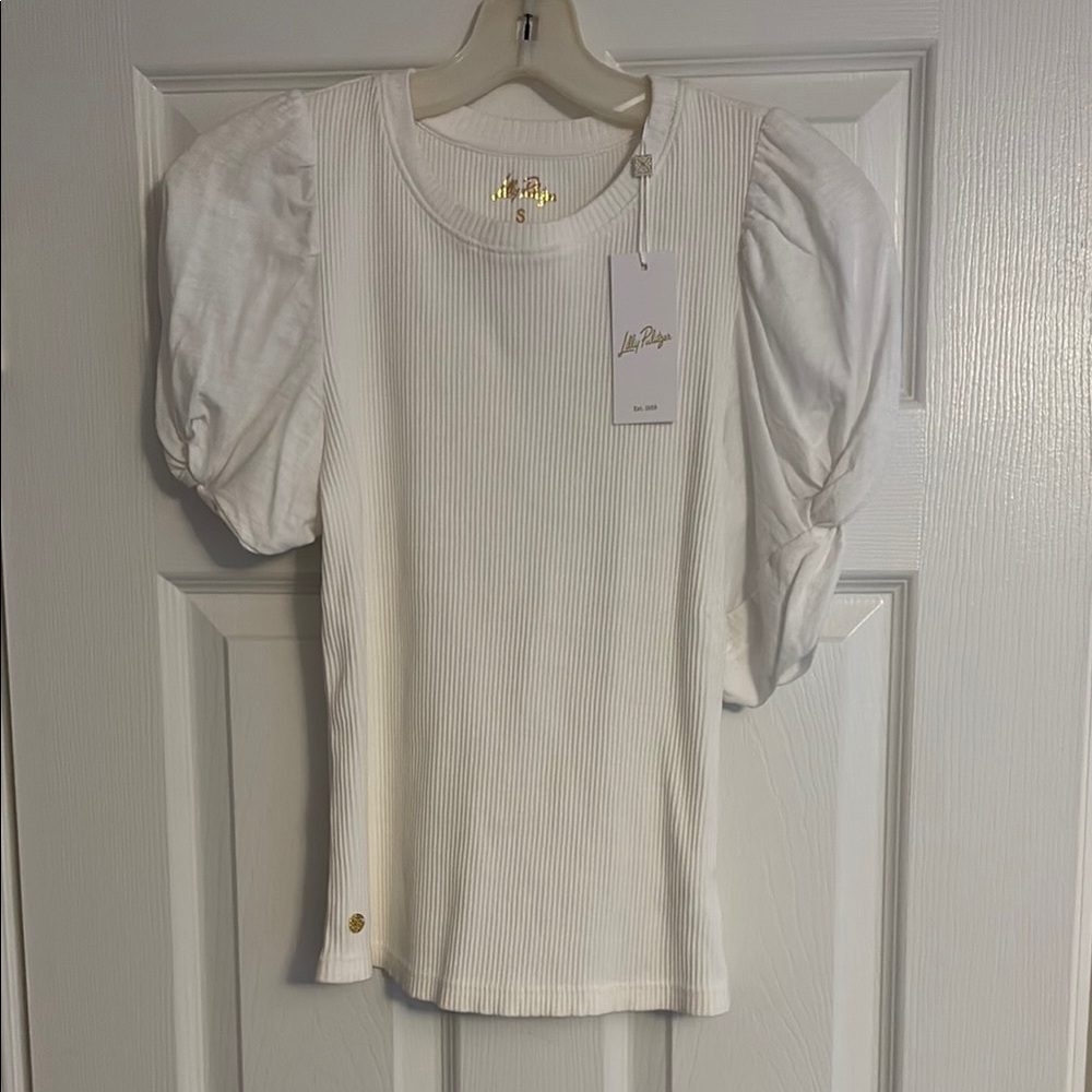 Lilly Pulitzer White Ribbed Puff Sleeve Top